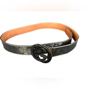 Gucci Black and Tan Monogram Belt with Interlocking G Buckle